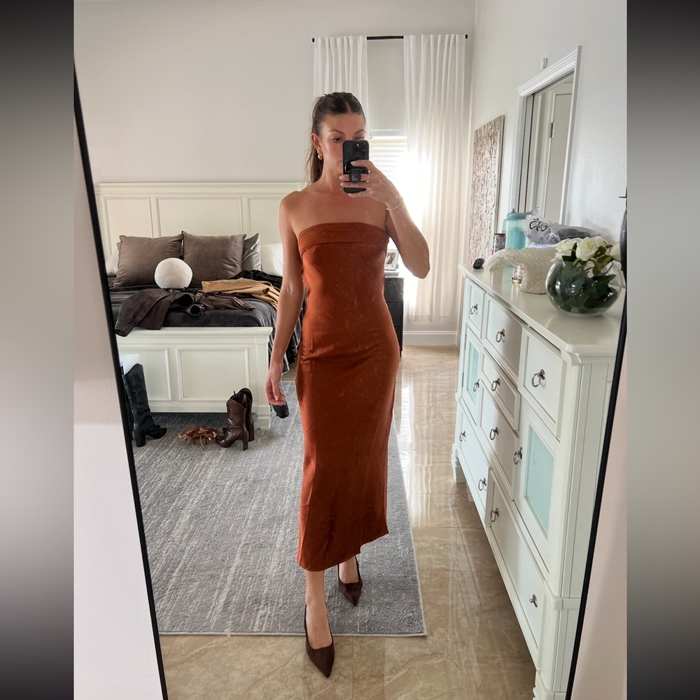 Rust Strapless Satin Dress for Cocktail